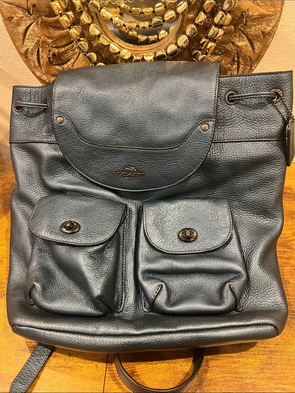 COACH Turnlock Rucksack Backpack Midnight Blue Pebbled Leather F36683 Medium - Picture 8 of 9